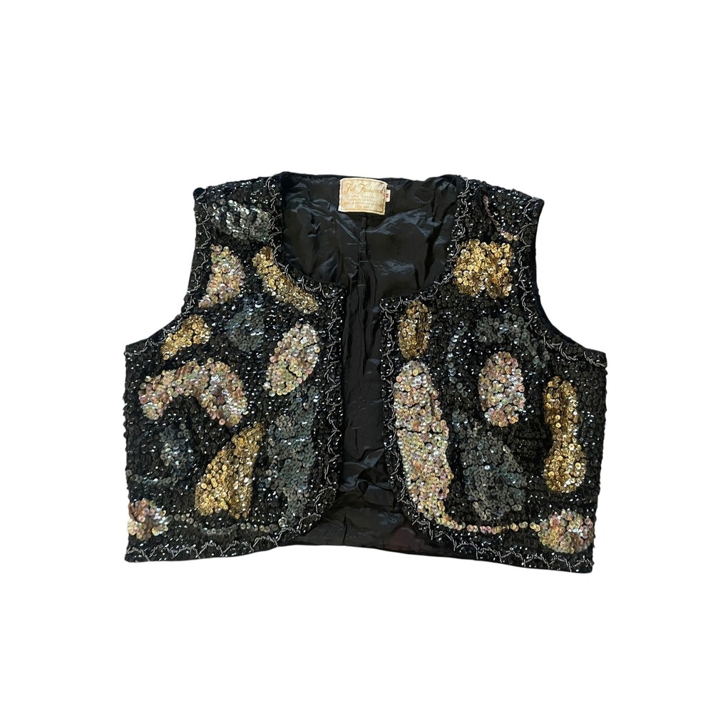 Vintage Full Fashioned Hand Beaded Wool Vest Black Gold Silver Sequin Cropped M
